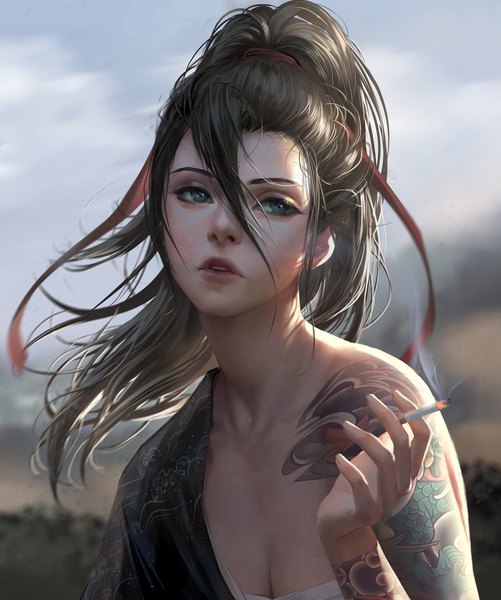 Anime-Bild 2504x3000 mit overwatch blizzard entertainment hanzo (overwatch) chubymi single long hair tall image fringe highres breasts blue eyes black hair hair between eyes holding looking away cleavage upper body parted lips lips realistic