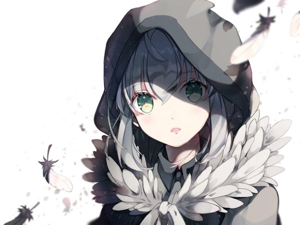 Anime picture 1500x1125 with fate (series) fate/grand order lord el-melloi ii case files gray (fate) hiyunagi single looking at viewer blush fringe short hair open mouth simple background hair between eyes white background green eyes payot silver hair upper body wind fur trim