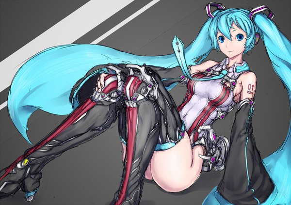 Anime picture 1169x826 with vocaloid vocaloid append hatsune miku hatsune miku (append) single long hair looking at viewer blue eyes light erotic simple background sitting twintails aqua eyes aqua hair grey background midriff striped girl ribbon (ribbons) hair ribbon