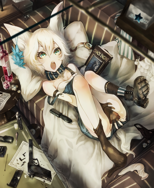 Anime picture 1235x1500 with original akaikitsune single tall image looking at viewer blush short hair open mouth light erotic animal ears bent knee (knees) white hair lying aqua eyes :o on back strap slip single shoe covering crotch girl