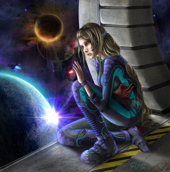 Anime picture 1276x1291 with uildrim single long hair tall image brown hair green eyes lips sunlight realistic reflection space science fiction girl heart blood star (stars) microphone planet pilot suit spacecraft