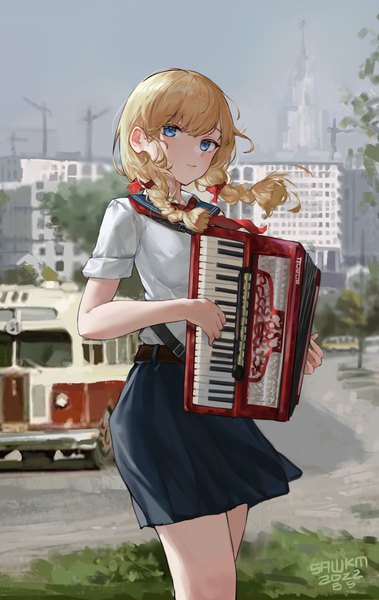 Anime picture 3543x5608 with original sawkm single long hair tall image looking at viewer fringe highres blue eyes blonde hair signed absurdres outdoors braid (braids) twin braids city playing instrument russia moscow girl
