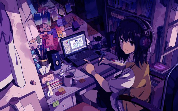 Anime-Bild 1680x1050 mit original neko (yanshoujie) single looking at viewer fringe highres short hair black hair hair between eyes wide image sitting brown eyes indoors looking back from above shadow drawing girl headphones book (books)