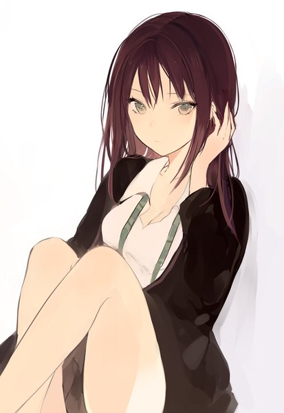 Anime picture 600x870 with idolmaster idolmaster cinderella girls shibuya rin lpip single long hair tall image looking at viewer fringe brown hair sitting payot cleavage bent knee (knees) open clothes bare legs shadow grey eyes crossed legs adjusting hair