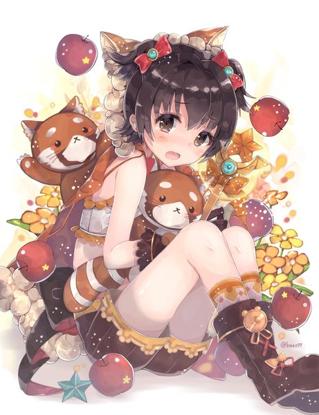 Anime picture 3000x3900 with idolmaster idolmaster cinderella girls akagi miria kyou hotaru tall image looking at viewer blush highres short hair black hair sitting signed animal ears bent knee (knees) black eyes cat ears cat girl two side up twitter username magical girl