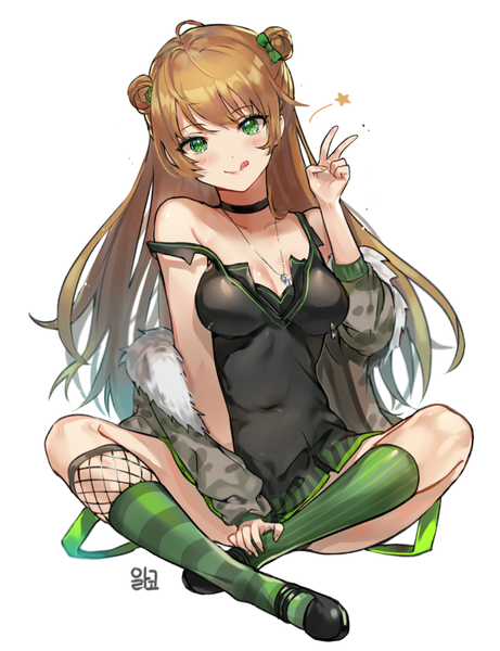 Anime picture 769x1000 with girls frontline rfb (girls frontline) alraco single long hair tall image looking at viewer blush fringe breasts simple background smile brown hair white background sitting bare shoulders green eyes full body ahoge bent knee (knees)