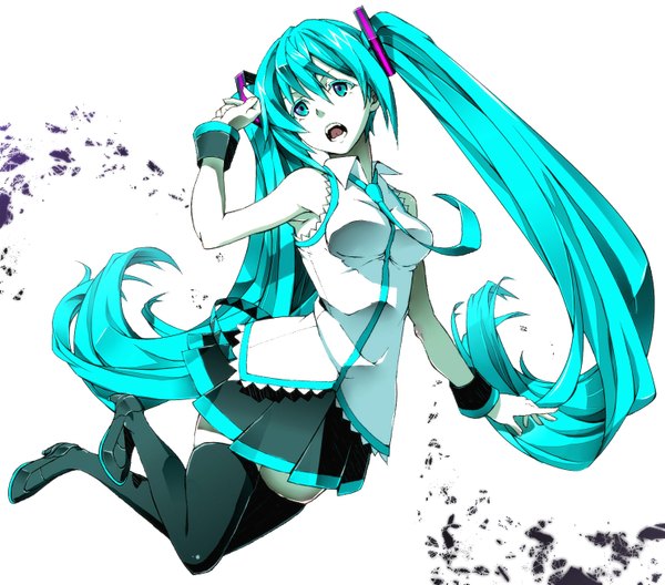 Anime picture 1485x1309 with vocaloid hatsune miku single long hair open mouth white background twintails bare shoulders aqua eyes aqua hair girl skirt necktie