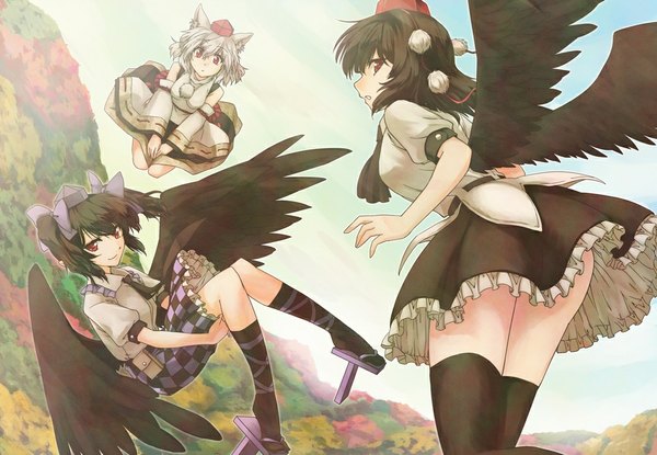 Anime picture 1013x702 with touhou shameimaru aya inubashiri momiji himekaidou hatate caesar et cleopatra (abo) looking at viewer red eyes twintails multiple girls animal ears looking back light smile flying wolf ears checkered skirt girl thighhighs skirt ribbon (ribbons) black thighhighs