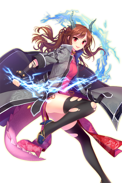 Anime picture 1176x1764 with soccer spirits sky (soccer spirits) shirahane nao single long hair tall image looking at viewer blush fringe light erotic smile red eyes brown hair standing bent knee (knees) traditional clothes arm up horn (horns) open jacket high heels