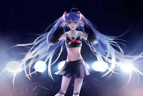 Anime picture 1790x1200 with vocaloid hatsune miku yu (kongxiang) single long hair highres open mouth blue eyes twintails blue hair ahoge midriff light singing girl skirt navel detached sleeves miniskirt