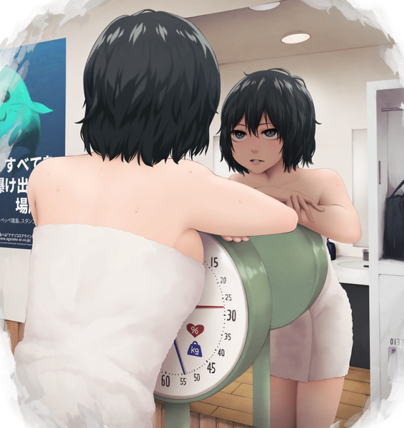 Anime picture 850x900 with original yajirushi (chanoma) single tall image fringe short hair breasts light erotic black hair hair between eyes standing bare shoulders indoors black eyes bare legs hieroglyph reflection eye contact naked towel girl