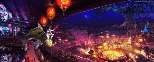 Anime picture 3447x1400 with original mugon long hair highres wide image absurdres night city weightlessness panorama festival detailed girl plant (plants) tree (trees) building (buildings) fish (fishes) chinese lantern