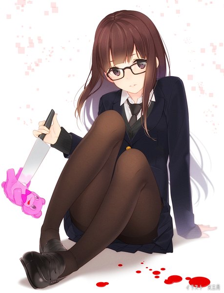 Anime picture 919x1200 with original ama mitsuki single long hair tall image looking at viewer light erotic simple background brown hair white background brown eyes girl uniform school uniform pantyhose glasses knife