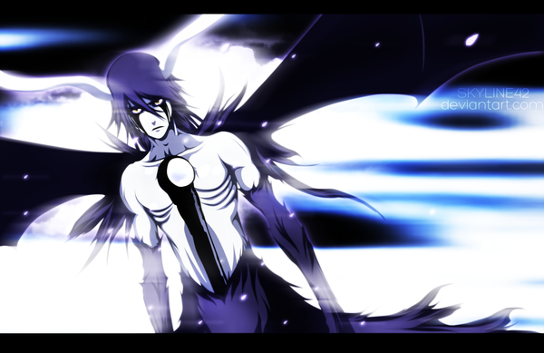 Anime picture 1200x779 with bleach studio pierrot ulquiorra schiffer skyline42 single long hair yellow eyes purple hair horn (horns) coloring light muscle espada boy wings