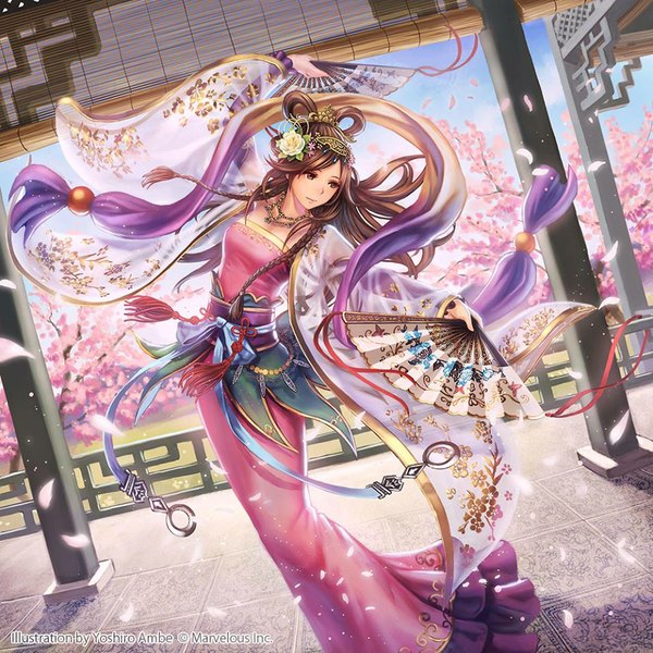 Anime picture 960x960 with original anbe yoshirou single long hair smile brown hair standing holding brown eyes signed looking away sky traditional clothes japanese clothes hair flower alternate costume cherry blossoms floral print alternate hairstyle dancing