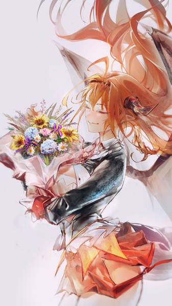 Anime picture 2250x4000 with virtual youtuber hololive kiryuu coco hyde (tabakko) single long hair tall image fringe highres simple background smile hair between eyes ahoge tail eyes closed horn (horns) wind orange hair dragon girl dragon tail