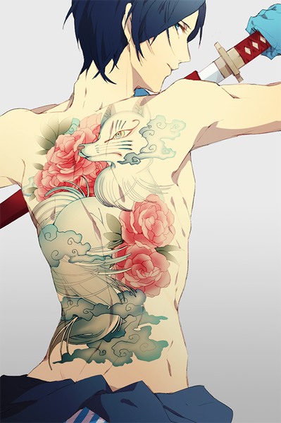 Anime picture 533x800 with persona 5 persona kitagawa yuusuke p5 koumei single tall image looking at viewer short hair blue eyes black hair simple background standing bare shoulders holding profile looking back from behind grey background tattoo bare back