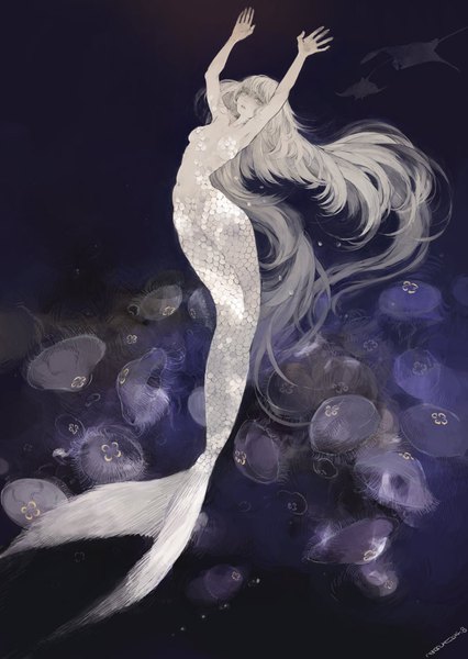 Anime picture 674x950 with original nekosuke (jet) single tall image looking at viewer fringe breasts light erotic full body very long hair grey hair arms up armpit (armpits) grey eyes floating hair dark background underwater girl animal fish (fishes)