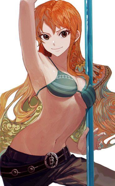 Anime picture 2359x3827 with one piece toei animation nami (one piece) yadu nadu single long hair tall image looking at viewer highres breasts light erotic simple background smile large breasts white background brown eyes orange hair armpit (armpits) girl belt