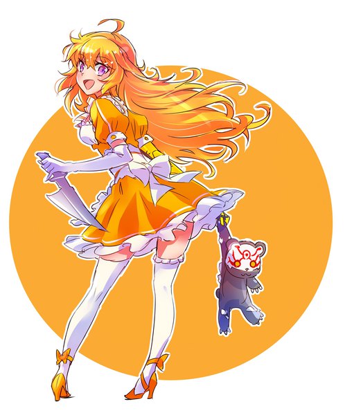 Anime picture 1695x2044 with rwby rooster teeth goldilocks and the three bears yang xiao long grimm iesupa single long hair tall image looking at viewer open mouth simple background blonde hair smile standing white background purple eyes full body ahoge from behind