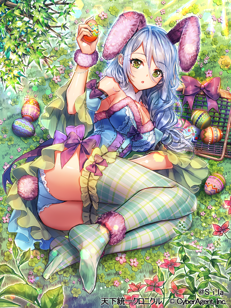 Anime picture 600x800 with tenka touitsu chronicle interitio single long hair tall image light erotic hair between eyes green eyes animal ears blue hair cleavage full body tail animal tail official art bunny ears pantyshot on side bunny girl bunny tail