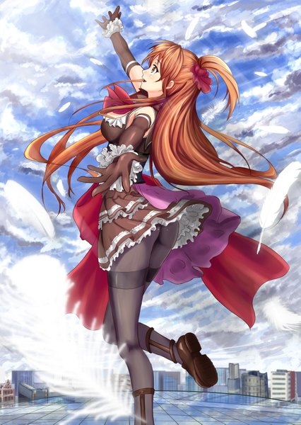 Anime picture 2598x3661 with original soyokaze single long hair tall image highres light erotic brown hair brown eyes looking away sky cloud (clouds) ass ponytail girl dress gloves pantyhose elbow gloves shoes