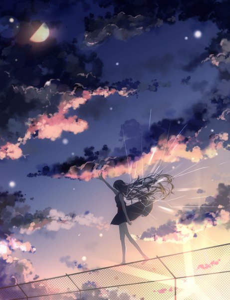 Anime picture 1550x2015 with original vocaloid yoake to hotaru (vocaloid) chunnkoromochi single tall image black hair bare shoulders cloud (clouds) very long hair barefoot wind sunlight bare legs sleeveless outstretched arm walking morning sunrise girl