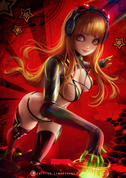Anime picture 3532x5000 with persona 5 persona sakura futaba axsen single long hair tall image looking at viewer fringe highres breasts light erotic smile brown hair large breasts standing signed absurdres blunt bangs pink eyes