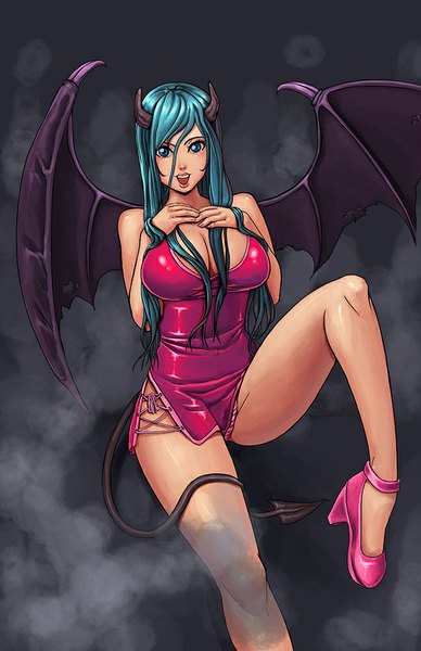 Anime picture 647x1000 with kyoffie12 single long hair tall image looking at viewer blush breasts open mouth blue eyes light erotic large breasts blue hair tail horn (horns) legs hand on chest demon girl demon tail bat wings succubus