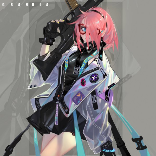 Anime picture 5000x5000 with original grandialee single looking at viewer fringe highres short hair blue eyes signed pink hair absurdres hair over one eye open jacket weapon over shoulder girl gloves weapon black gloves glasses jacket