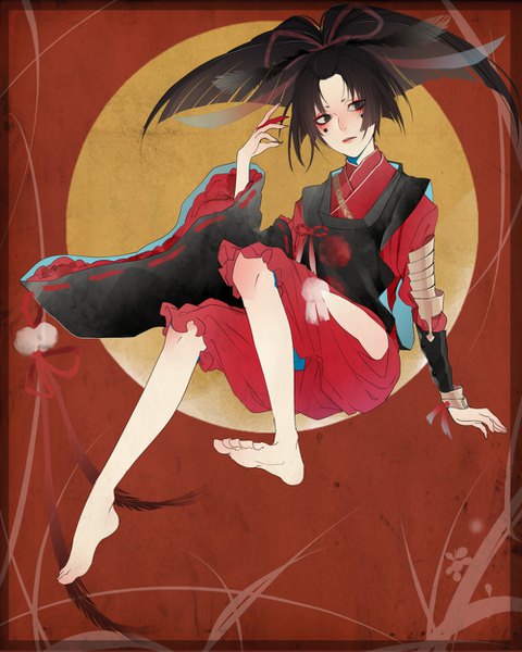 Anime picture 1000x1250 with touken ranbu nitroplus kogarasumaru (touken ranbu) na yeon single tall image looking at viewer short hair black hair full body bent knee (knees) ponytail traditional clothes parted lips japanese clothes barefoot fingernails black eyes wide sleeves facial mark