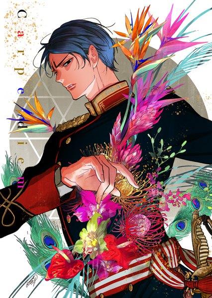 Anime picture 1100x1548 with golden kamuy koito otonoshin morro cco single tall image short hair signed blue hair upper body parted lips eyebrows military boy uniform flower (flowers) weapon sword military uniform