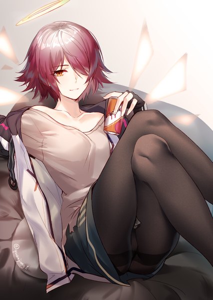 Anime picture 817x1147 with arknights exusiai (arknights) aki663 single tall image looking at viewer blush fringe short hair light erotic simple background smile sitting bare shoulders holding signed bent knee (knees) red hair hair over one eye off shoulder