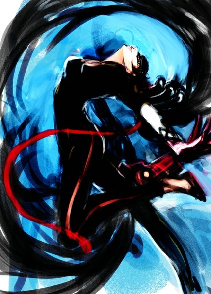 Anime picture 606x846 with bayonetta bayonetta (character) seitsuji single tall image looking at viewer fringe black hair cleavage bent knee (knees) very long hair profile alternate costume lipstick spread arms blue background arms behind head arched back jumping pink lipstick