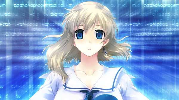 Anime picture 2048x1152 with tokyo babel highres short hair blue eyes wide image game cg white hair girl uniform school uniform earrings