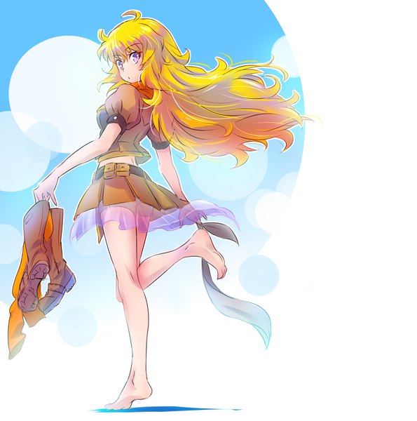 Anime picture 3600x3632 with rwby rooster teeth yang xiao long iesupa single long hair tall image looking at viewer blush fringe highres blonde hair hair between eyes standing purple eyes absurdres full body ahoge looking back barefoot