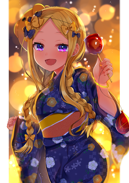 Anime picture 1200x1697 with fate (series) fate/grand order abigail williams (fate) akirannu single long hair tall image looking at viewer blush fringe breasts open mouth blonde hair smile standing purple eyes holding payot braid (braids) traditional clothes