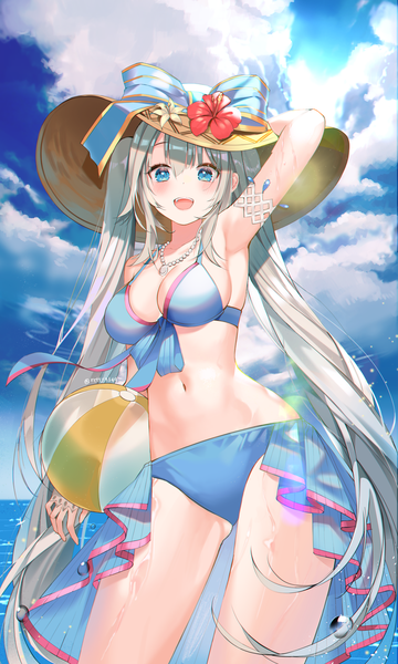 Anime-Bild 1500x2500 mit fate (series) fate/grand order marie antoinette (fate/grand order) marie antoinette (swimsuit caster) (fate) buri (retty9349) single long hair tall image looking at viewer blush fringe breasts blue eyes light erotic hair between eyes standing twintails holding signed payot