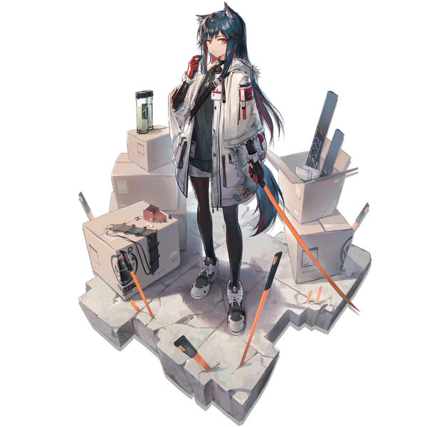 Anime-Bild 1024x1024 mit arknights texas (arknights) texas (winter messenger) (arknights) huanxiang heitu single long hair looking at viewer black hair red eyes standing animal ears full body tail animal tail from above open jacket official art official alternate costume transparent background wolf ears