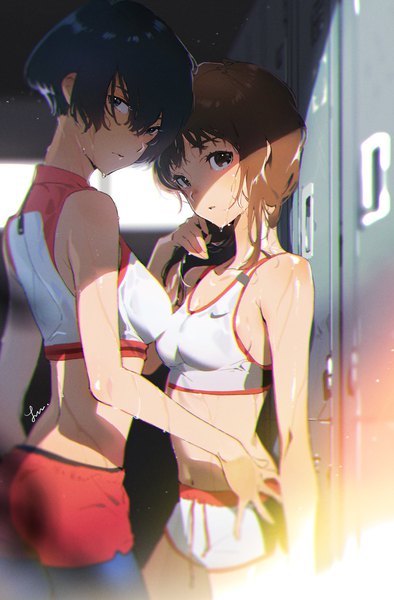 Anime picture 3136x4768 with original yoneyama mai tall image looking at viewer fringe highres short hair breasts blue eyes light erotic black hair hair between eyes brown hair standing bare shoulders multiple girls brown eyes signed absurdres parted lips