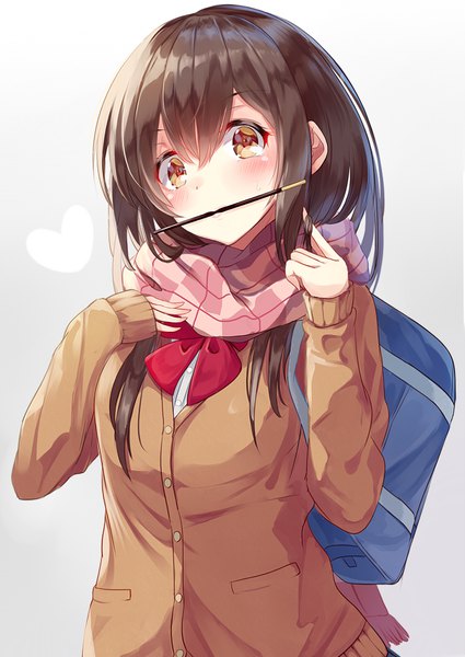 Anime picture 752x1062 with original igayan single long hair tall image looking at viewer blush fringe simple background hair between eyes brown hair holding brown eyes grey background gradient background mouth hold adjusting hair food in mouth pocky day girl