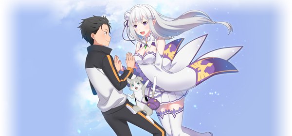 Anime picture 1920x900 with re:zero kara hajimeru isekai seikatsu white fox emilia (re:zero) natsuki subaru puck (re:zero) long hair blush highres short hair open mouth black hair wide image purple eyes silver hair girl thighhighs dress boy uniform detached sleeves