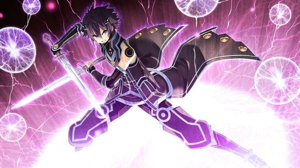 Anime picture 1280x720 with 1/7 no mahoutsukai ichijou yuuji tel-o single looking at viewer fringe short hair open mouth wide image holding game cg purple hair magic eyebrows fighting stance dual wielding clenched teeth glowing weapon boy weapon
