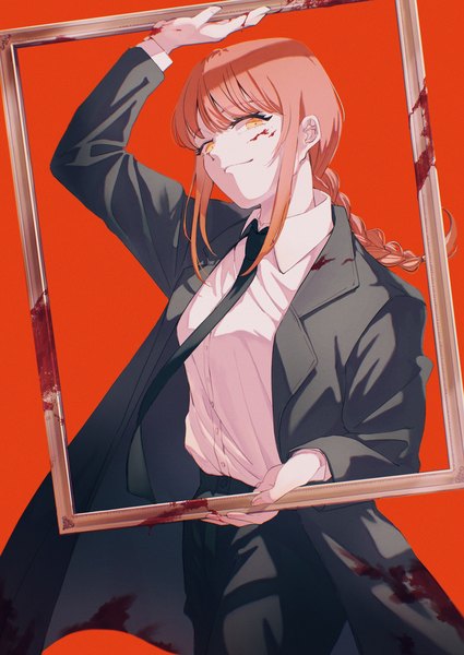 Anime picture 2128x3001 with chainsaw man mappa makima (chainsaw man) ice morinaka single long hair tall image looking at viewer fringe highres simple background payot red hair blunt bangs braid (braids) orange eyes single braid red background blood on face bloody clothes