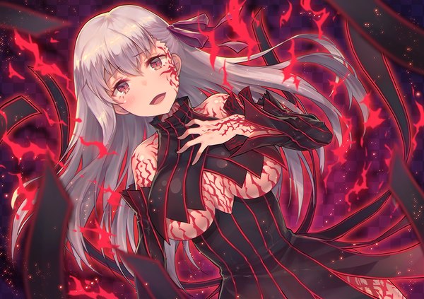 Anime picture 1000x706 with fate (series) fate/stay night type-moon matou sakura dark sakura geronimp00 single long hair looking at viewer fringe breasts open mouth light erotic smile red eyes large breasts bare shoulders silver hair facial mark hand on chest