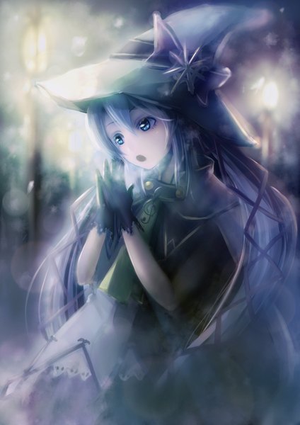 Anime picture 1061x1500 with vocaloid suki! yuki! maji magic (vocaloid) hatsune miku yuki miku yuki miku (2014) ajigo single long hair tall image fringe blue eyes twintails purple hair blurry night snowing winter exhalation cold girl