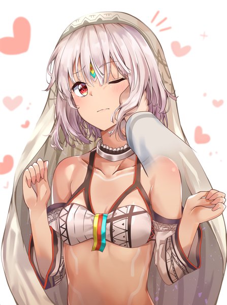 Anime picture 1613x2166 with fate (series) fate/grand order fate/extra fate/extella altera (fate) nyung tall image blush fringe short hair breasts light erotic simple background hair between eyes red eyes white background bare shoulders silver hair upper body one eye closed