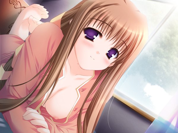 Anime picture 1024x768 with nursery rhyme light erotic brown hair purple eyes game cg girl