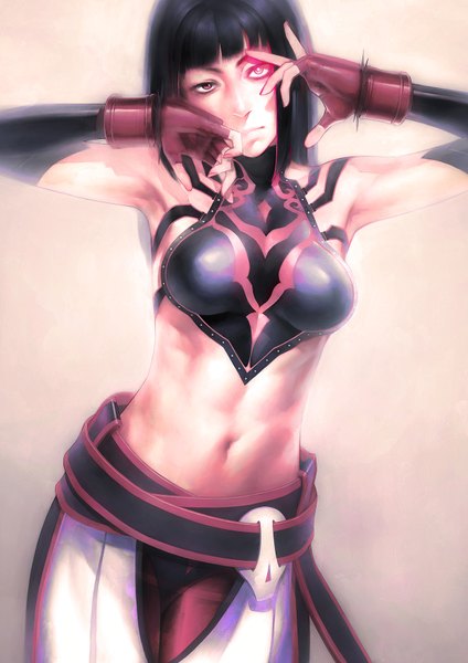 Anime picture 1240x1754 with street fighter han juri iwai ryo single tall image black hair simple background armpit (armpits) midriff glowing glowing eye (eyes) girl gloves navel detached sleeves fingerless gloves