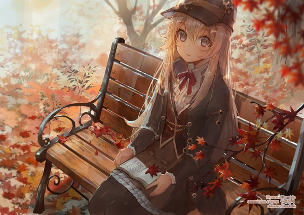 Anime picture 842x595 with soul worker haru estia khj single long hair looking at viewer fringe blonde hair hair between eyes sitting signed long sleeves from above grey eyes frilly skirt autumn girl skirt hat pantyhose